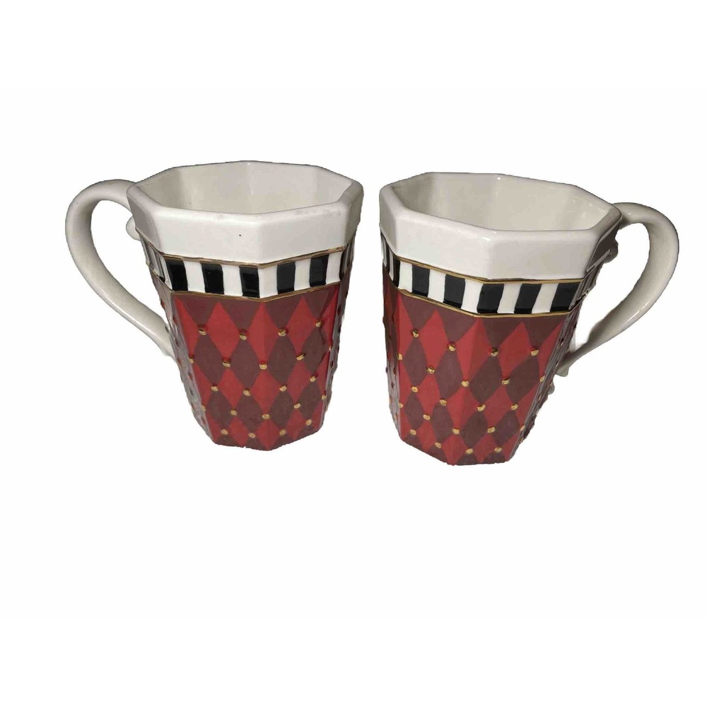 Harlequin Red On Red Diamonds 3D Gold Accents Ceramic 5" Mug Grasslands Rd New